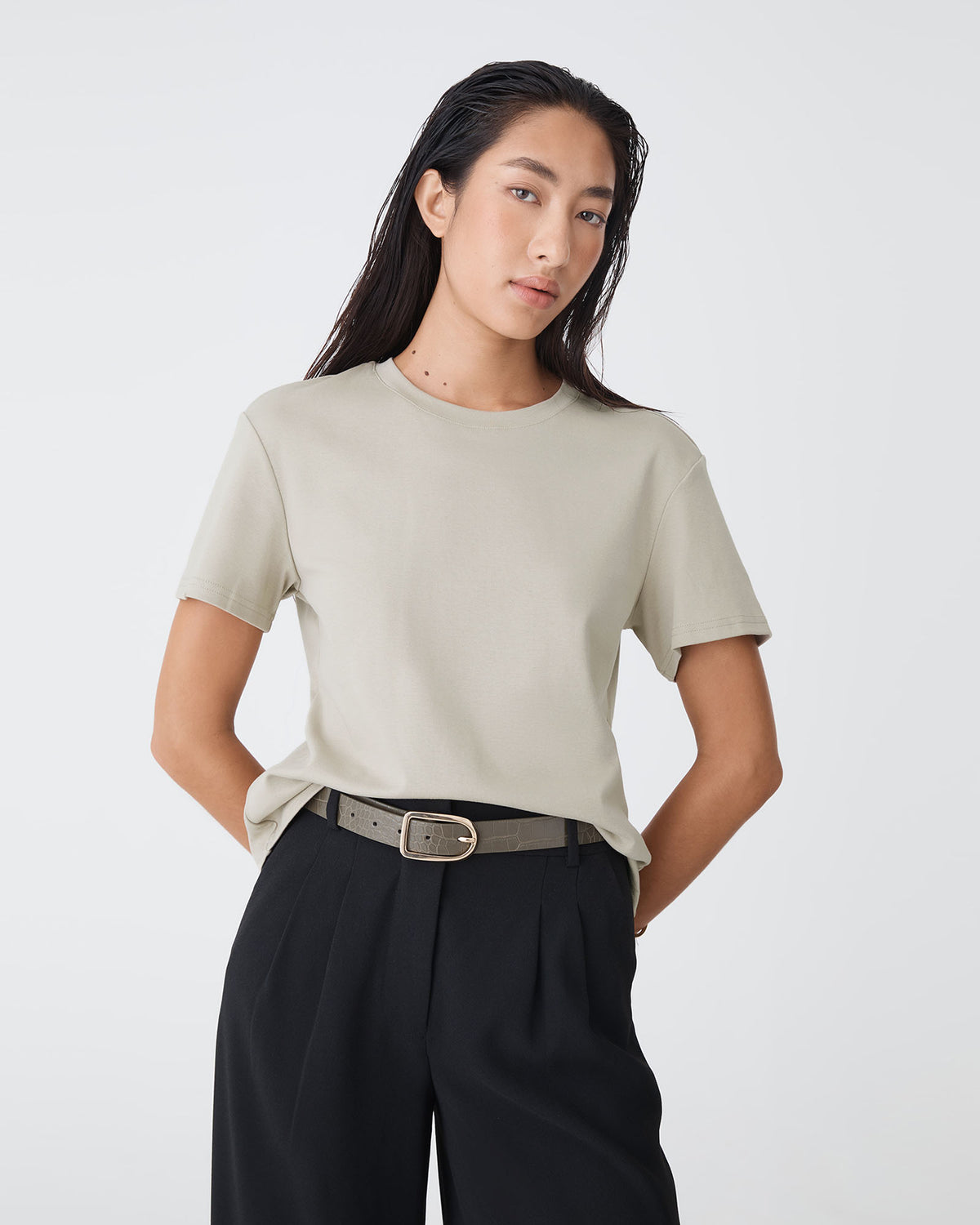 May Relaxed Cotton T-shirt in soft khaki — close-up view