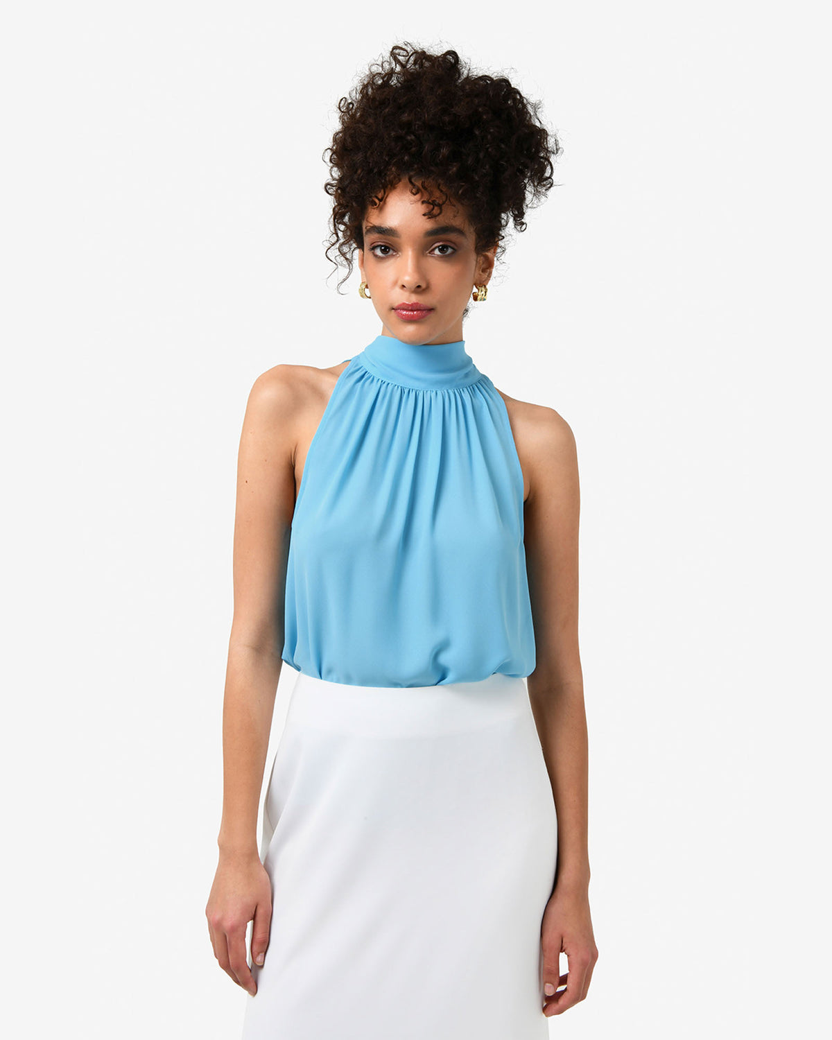 Shelby Draped Sleeveless Top in cyan blue — close-up view