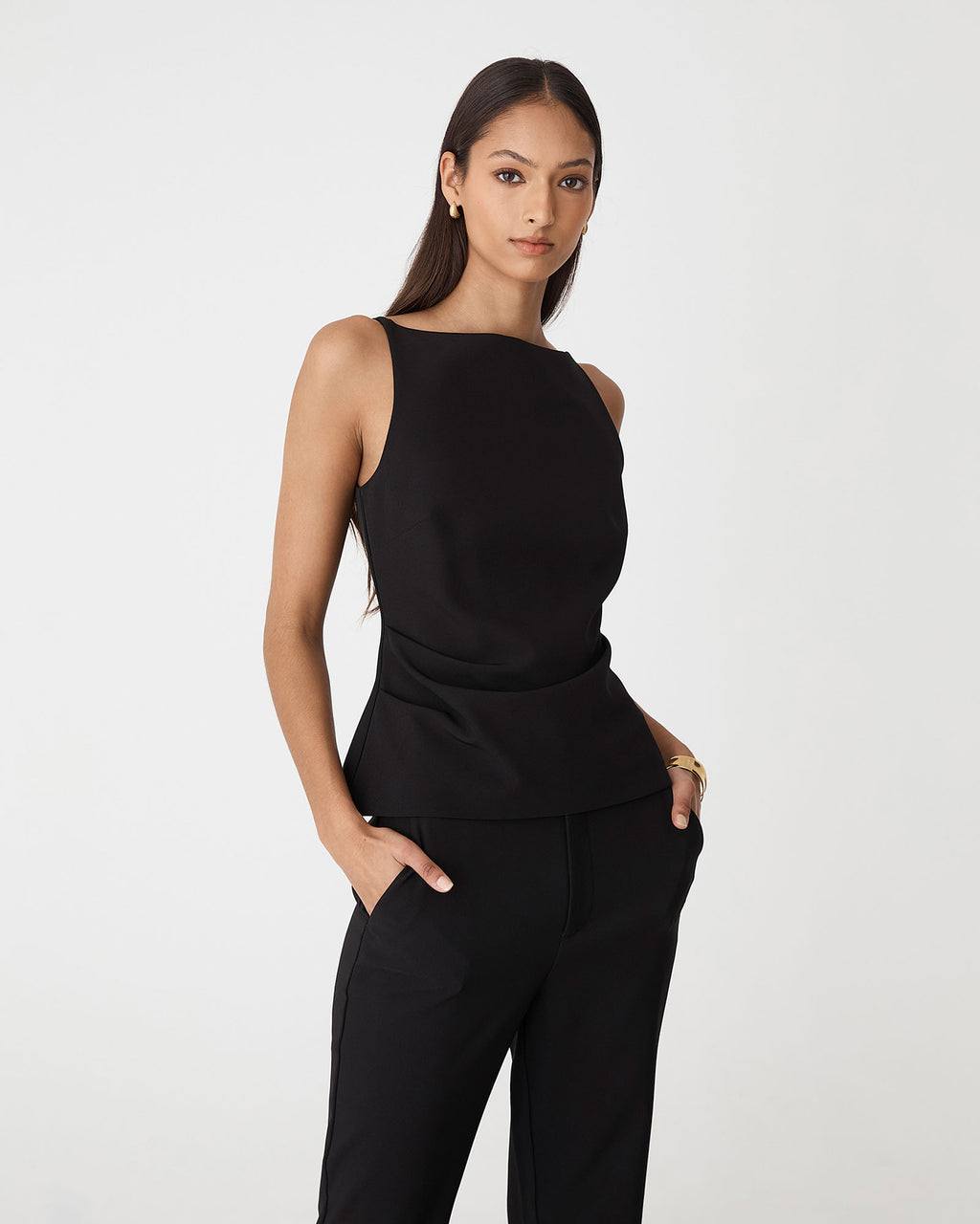 Hannah Apron Top in black — close-up view 2