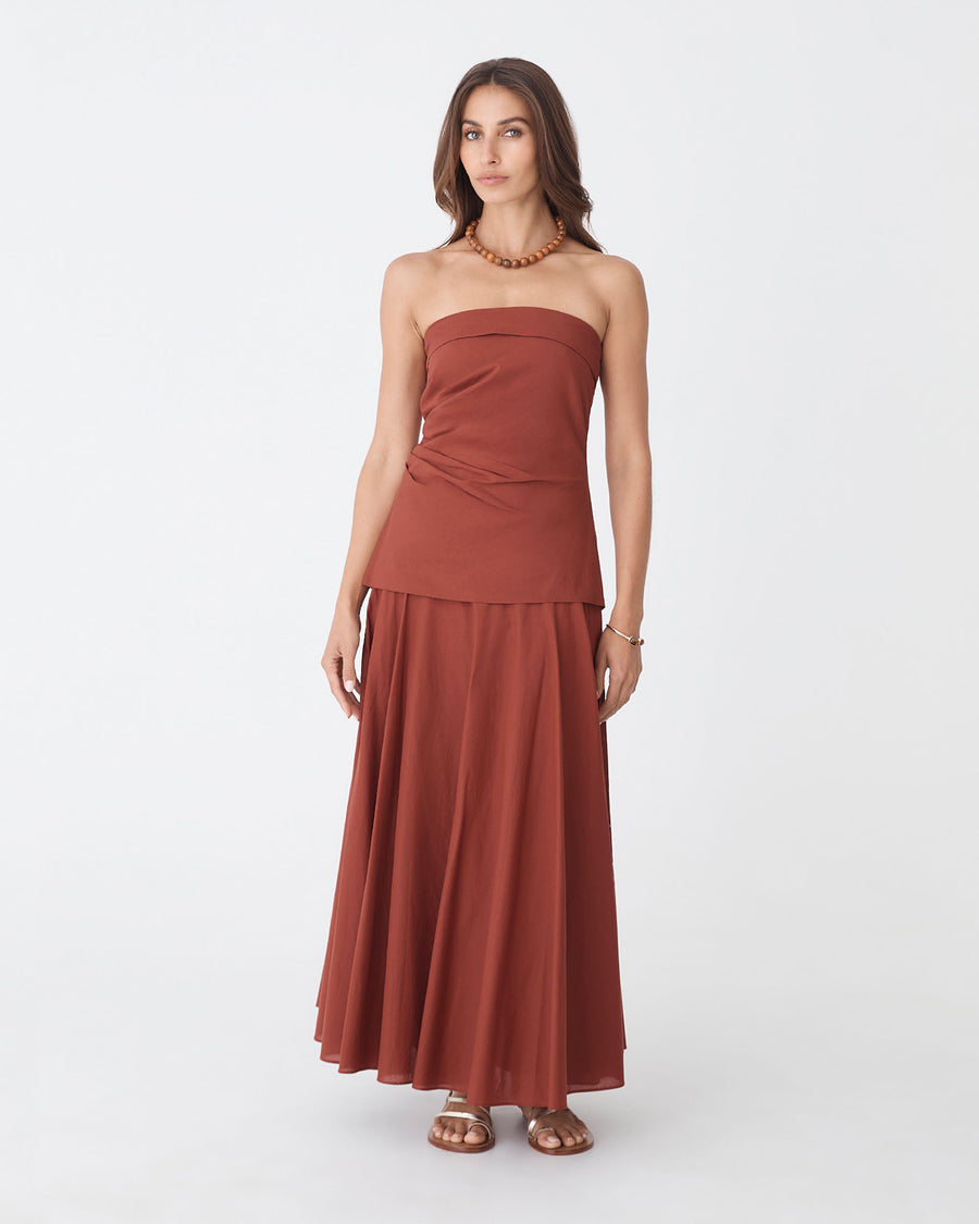 Deb Cotton Strapless Tunic in brick — full-length view