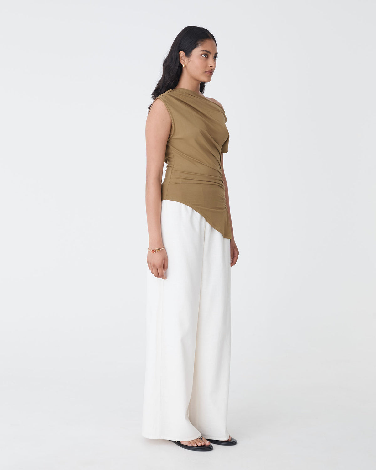 Keeley Bamboo Split Hem Top in tan — side view