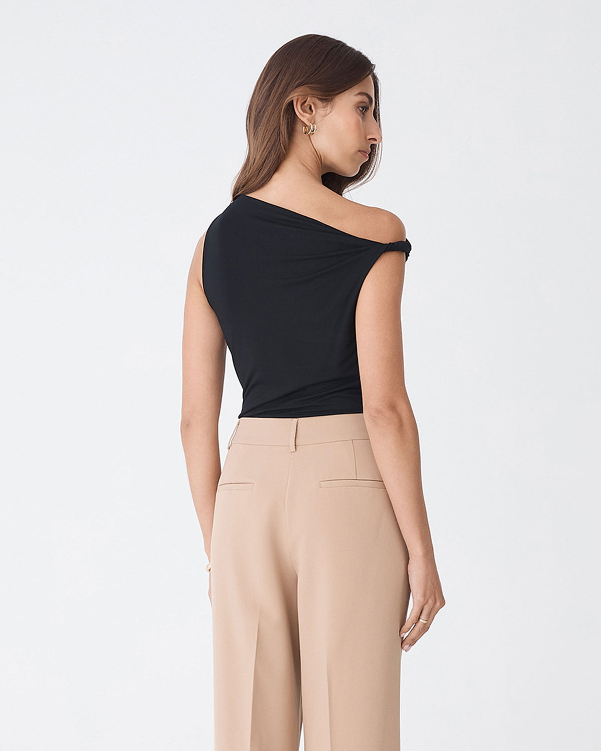 Cici Bamboo Twist Shoulder Top in black — back view