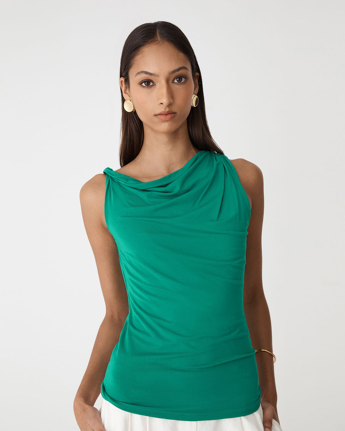Cici Bamboo Twist Shoulder Top in emerald — close-up view 2