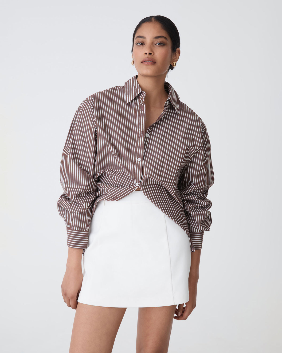 Samara Cotton Striped Shirt in chocolate stripe — close-up view 2