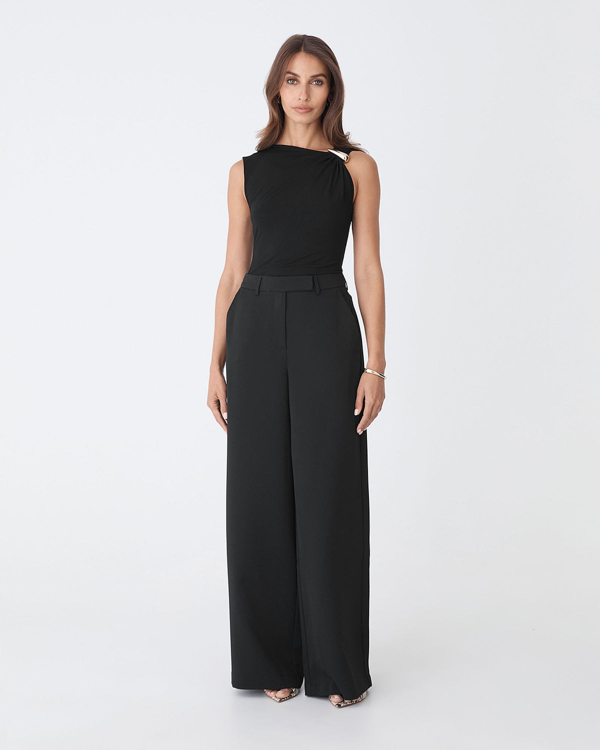 Kirsty Bamboo Ruched Top in black — full-length view