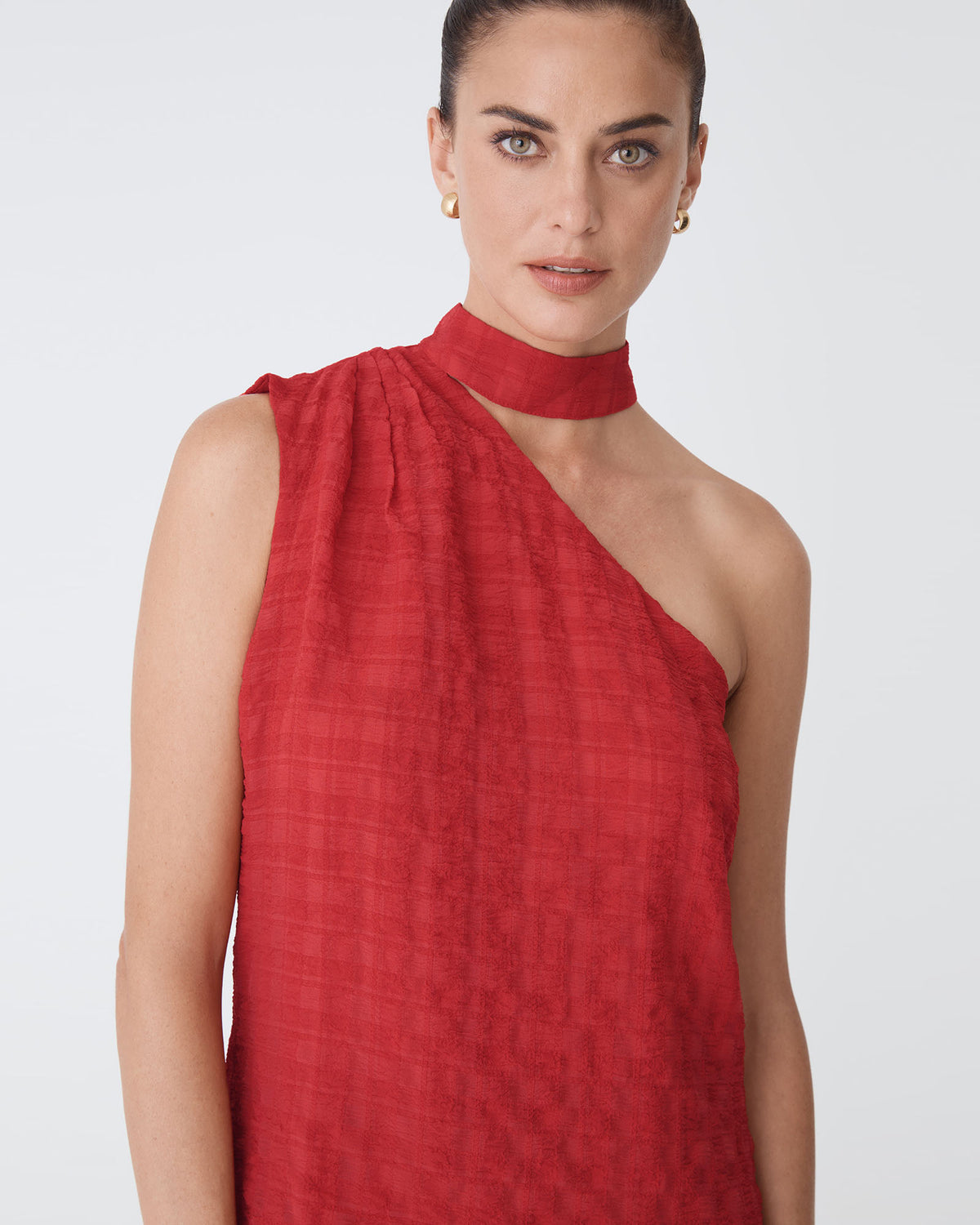 Ashlyn One Shoulder Top in red — fabric detail