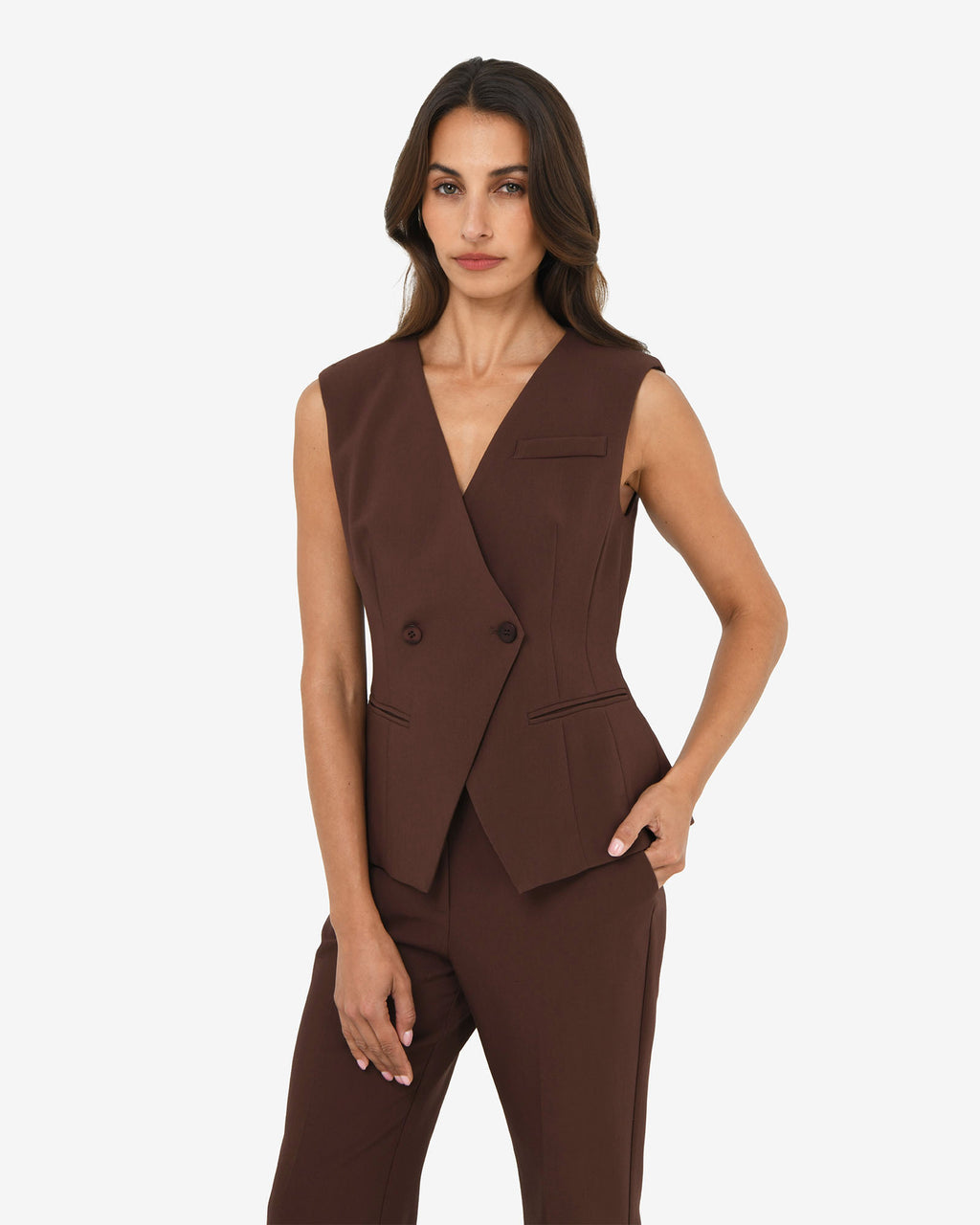 Nikki Collarless Vest in brown — close-up view
