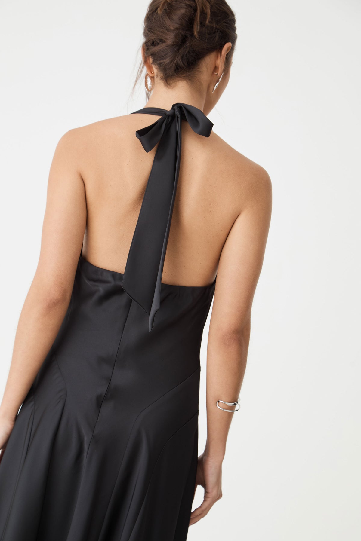 Santana Halter Satin Dress in black — fabric detail 2