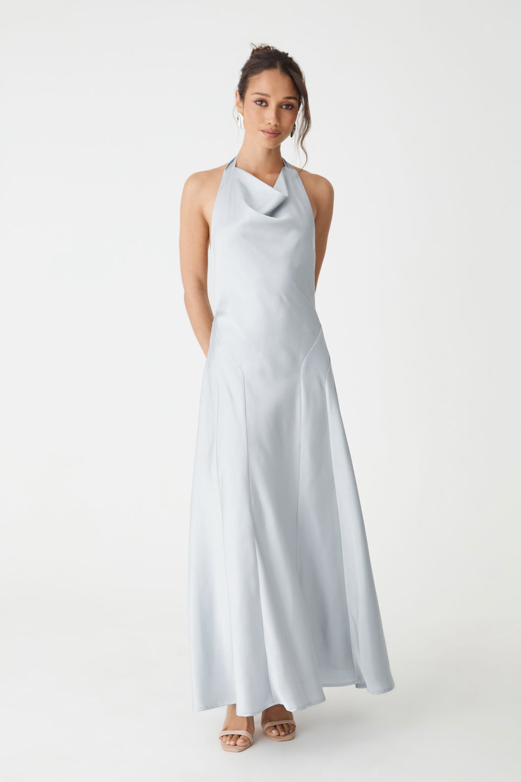 Santana Halter Satin Dress in Powder Blue, front view of full-length flared maxi with draped cowl halter neck