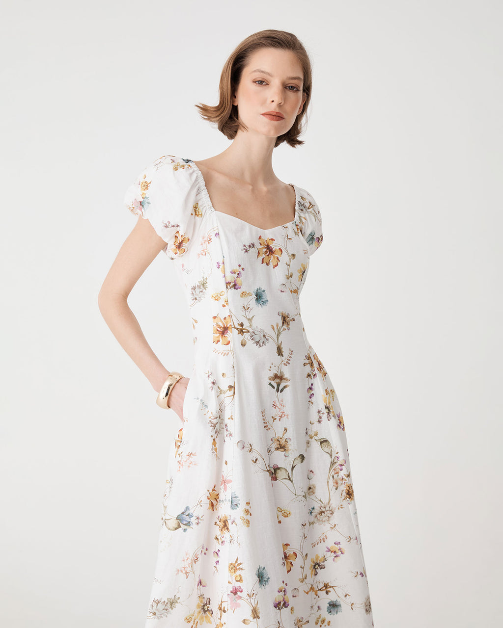 Katie Puff Sleeve A-Line Dress in ivory floral — fabric detail 3