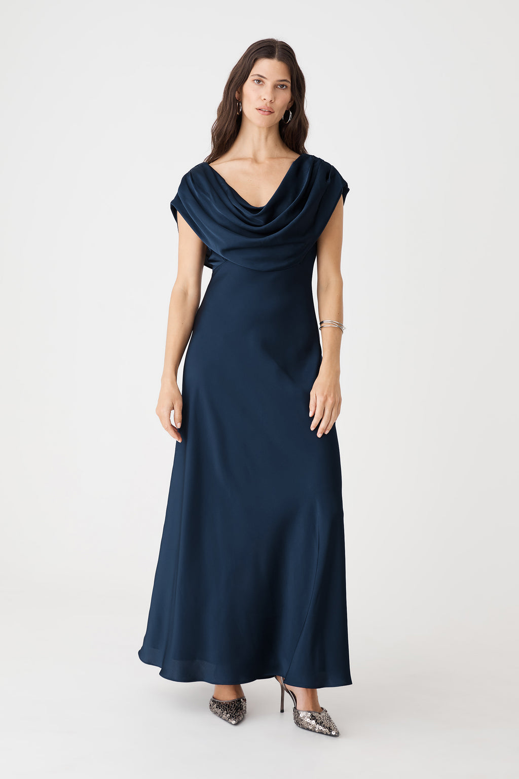 Caroline Cowl Satin Dress in Midnight, front view of maxi-length dress with draped cowl neckline