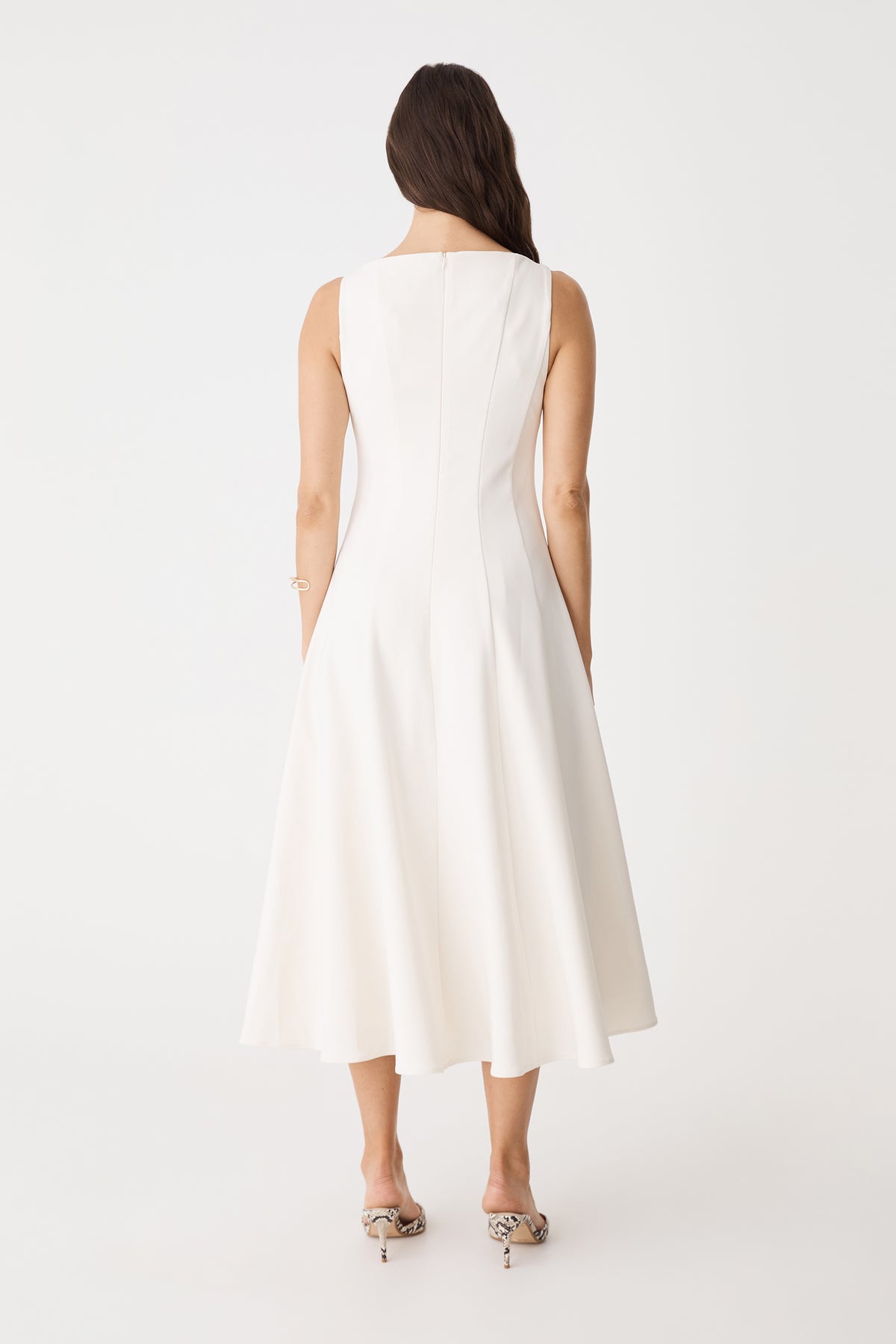 Back view of the cream Sally Panel Midi Dress with invisible zipper