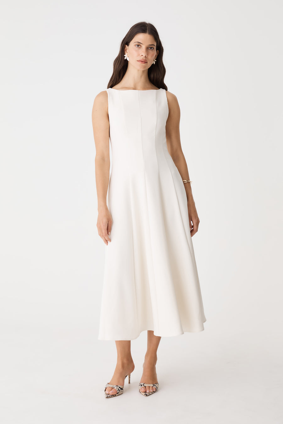 Sally Panel Midi Dress in cream, front view with boat neckline and flared midi skirt