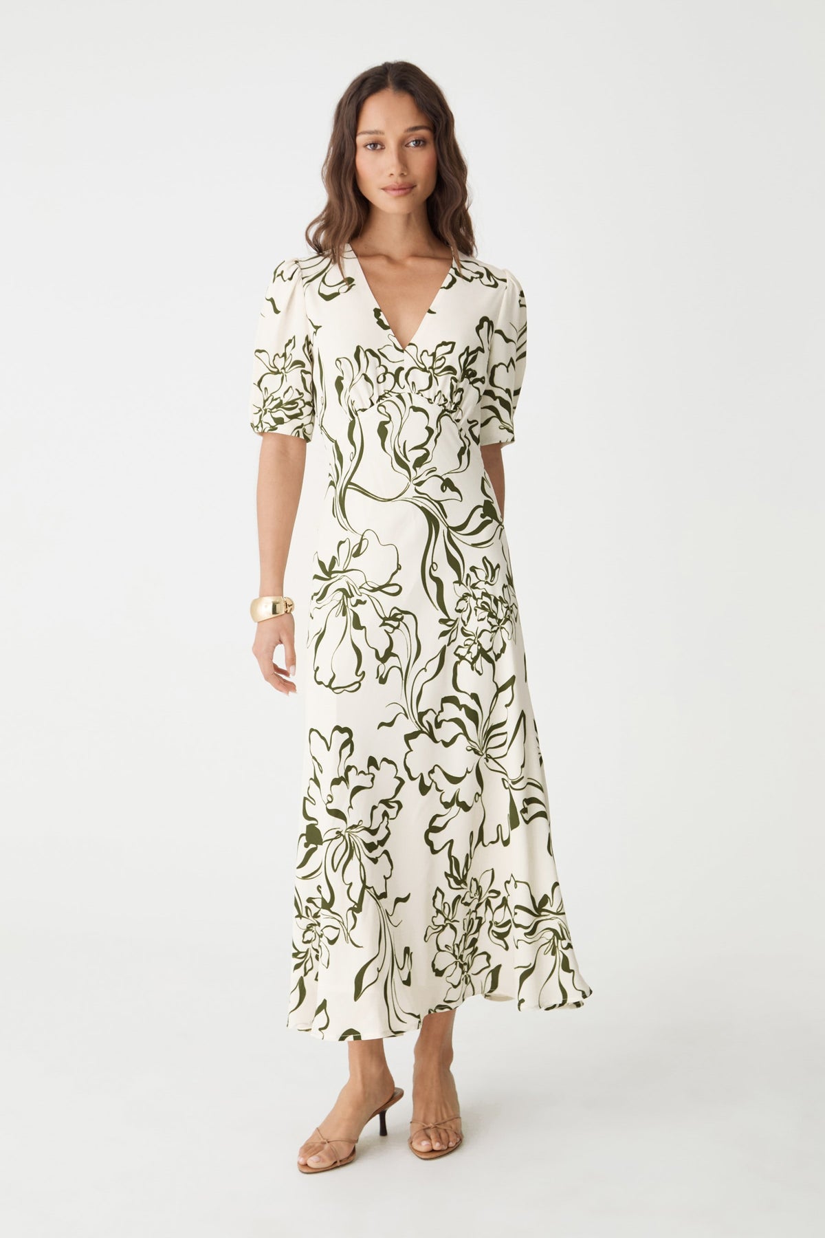 Natalie V-Neck Floral Dress in cream and olive floral print, front view with puff sleeves