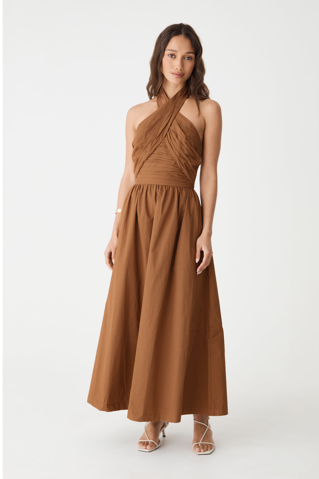 Kayleigh Cotton Halter Dress in ginger, front view with crossover halterneck and full maxi skirt