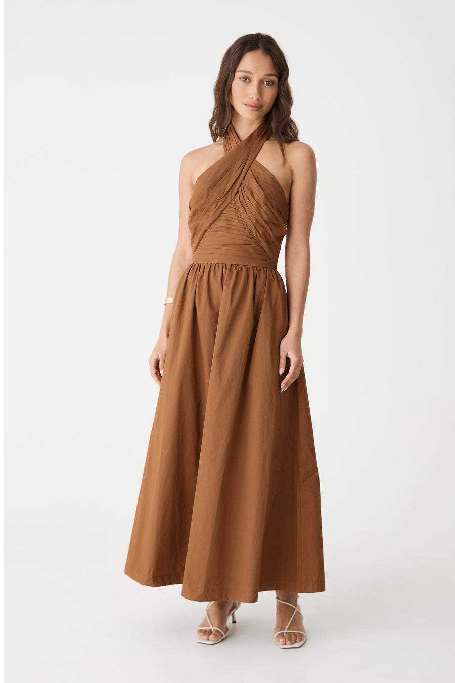 Kayleigh Cotton Halter Dress in ginger, front view with crossover halterneck and full maxi skirt