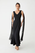 Marissa Mermaid Scarf Dress in black, front view with V-neckline and sheer chiffon shoulder scarves