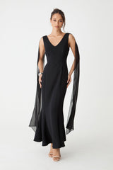 Marissa Mermaid Scarf Dress in black, front view with V-neckline and sheer chiffon shoulder scarves