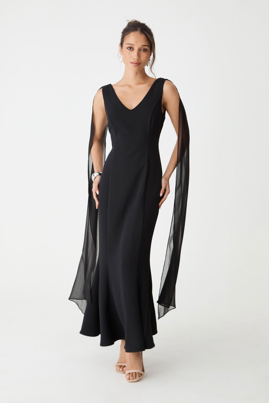 Marissa Mermaid Scarf Dress in black, front view with V-neckline and sheer chiffon shoulder scarves