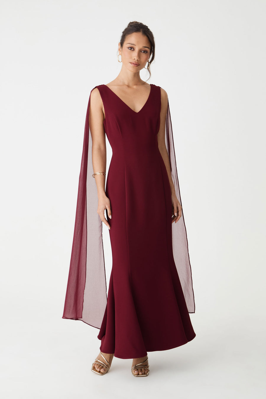 Marissa Mermaid Scarf Dress in shiraz, front view of maxi dress with sheer chiffon shoulder scarves