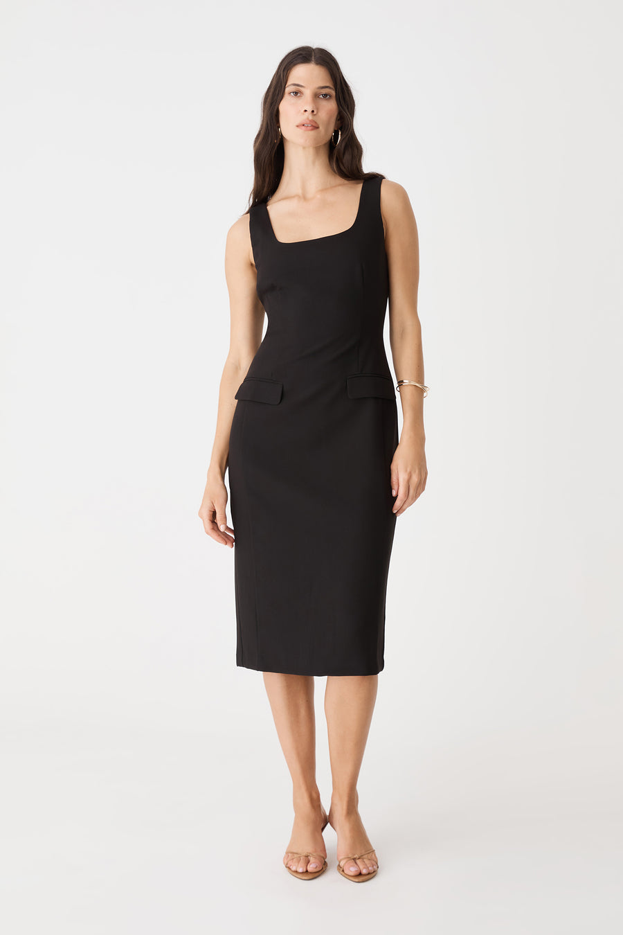 Melanie2 Tailored Pencil Dress in black, front view of sleeveless square-neck midi dress