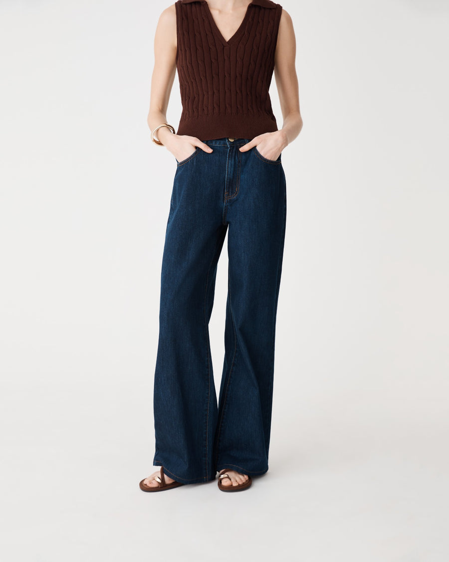 Nancy Wide Leg Jeans in dark denim, cropped front view worn with a brown knit vest