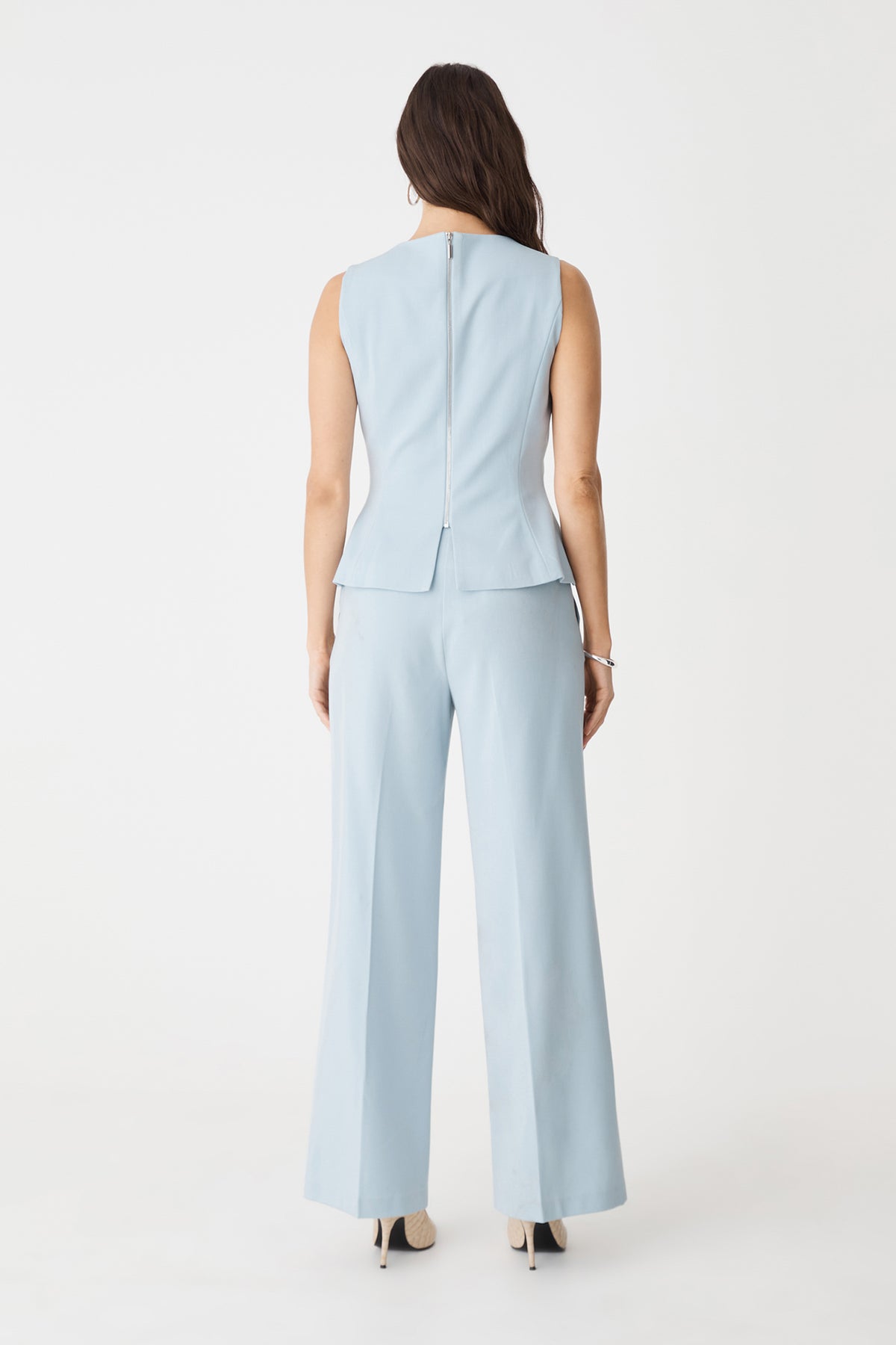 Back view of the sky blue Melanie Straight Leg Pants and matching top
