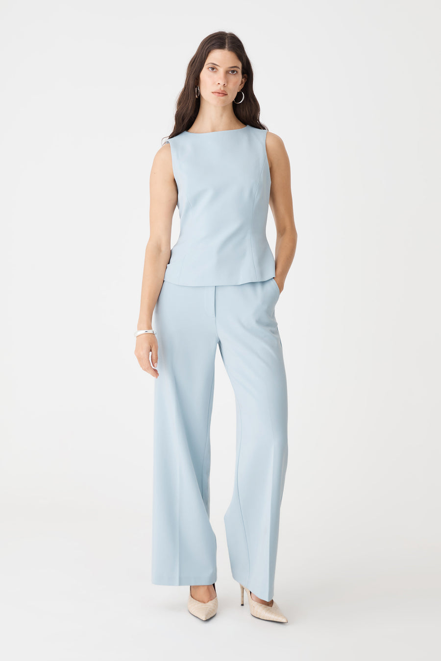 Melanie Straight Leg Pants in sky blue, front view worn with matching sleeveless Melanie Tailored Top