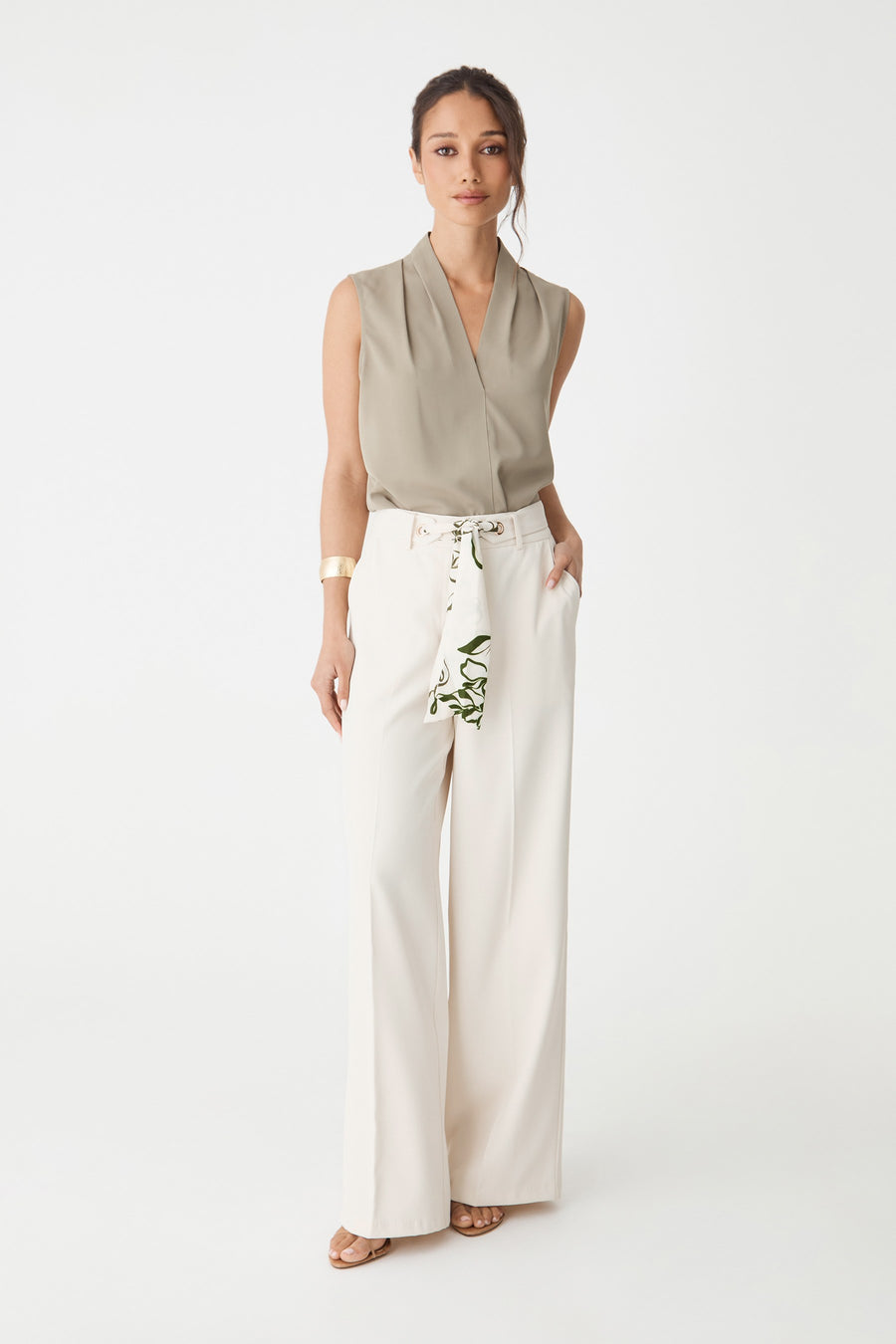 Natalie Belted Wide Leg Pants in cream, front view with olive botanical scarf belt and olive sleeveless top