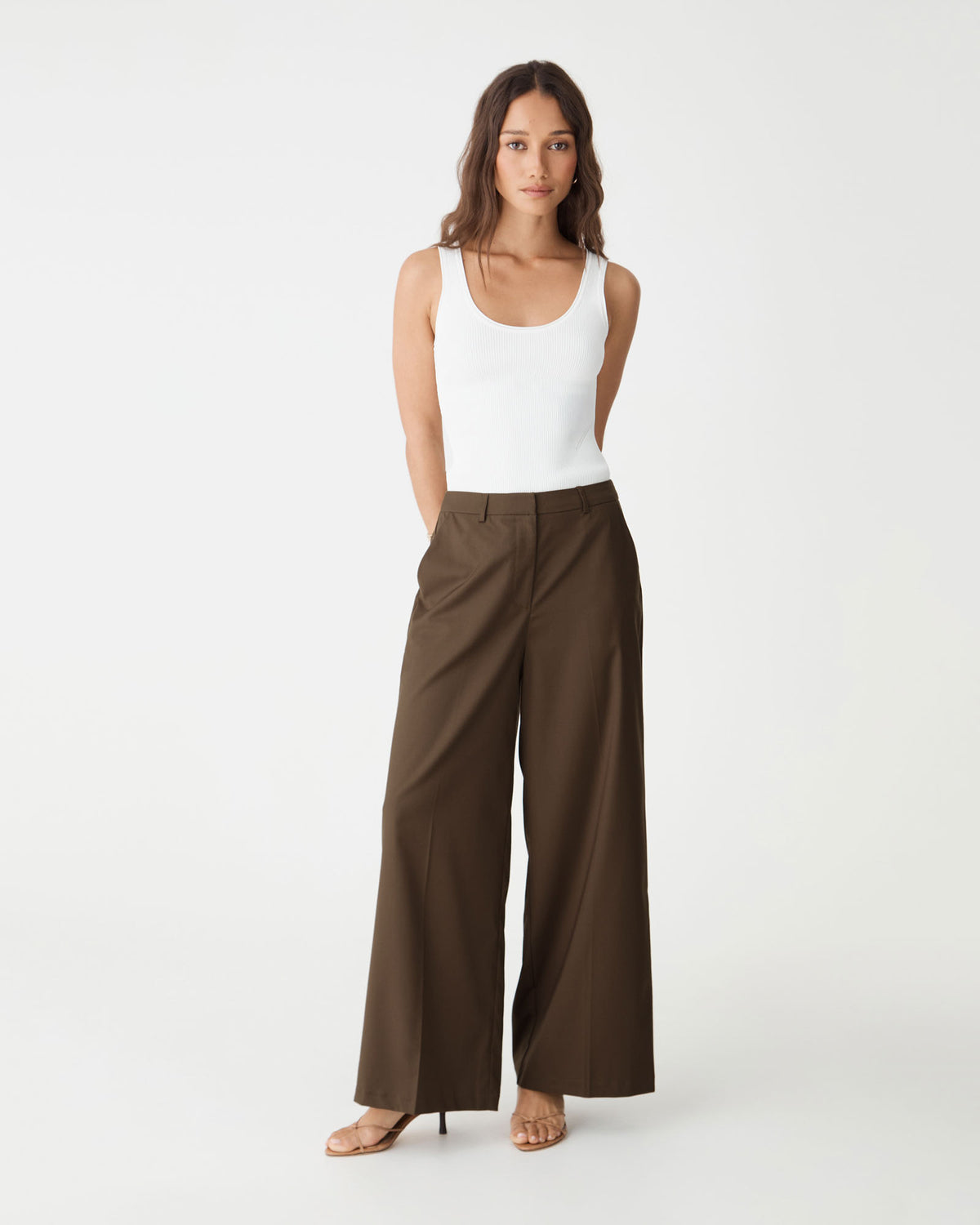 Andrea Wide Leg Pants in cocoa brown, front view worn with a white tank top