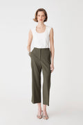 Milan Crop Flare Pants in khaki, front view worn with a white sleeveless top