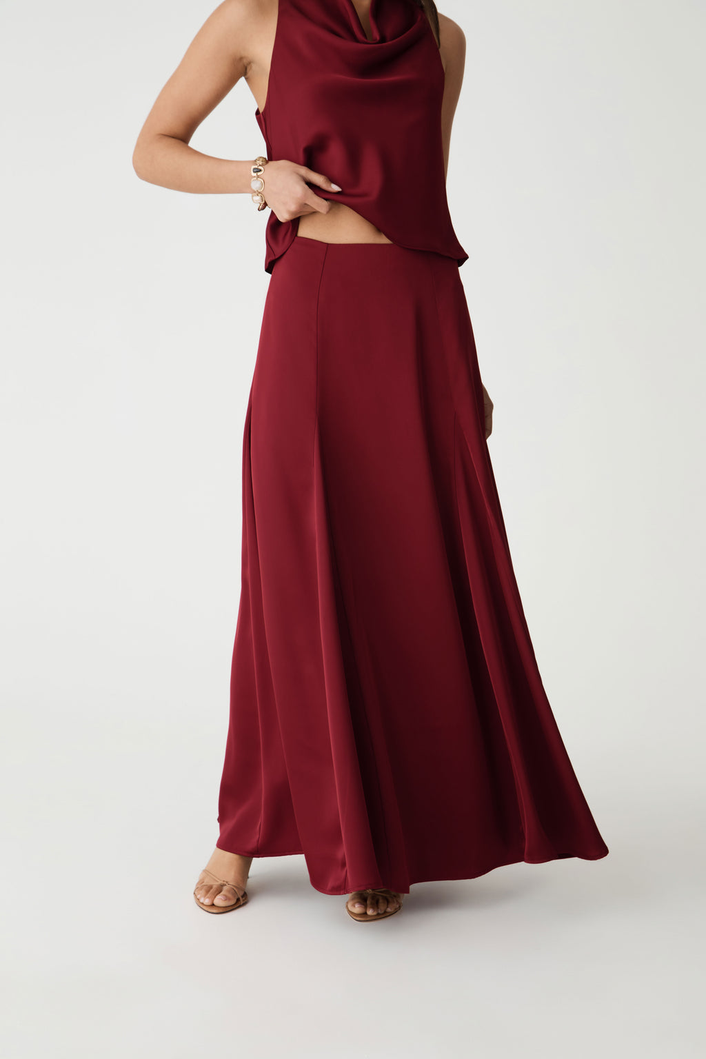 Freya Satin Godet Skirt in rhubarb — close-up view