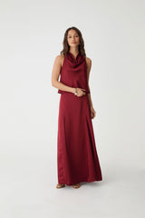 Freya Satin Godet Skirt in rhubarb — full-length view