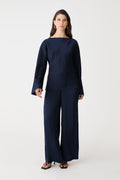 Asma Satin Bias Top in navy, front view worn with matching navy wide leg pants
