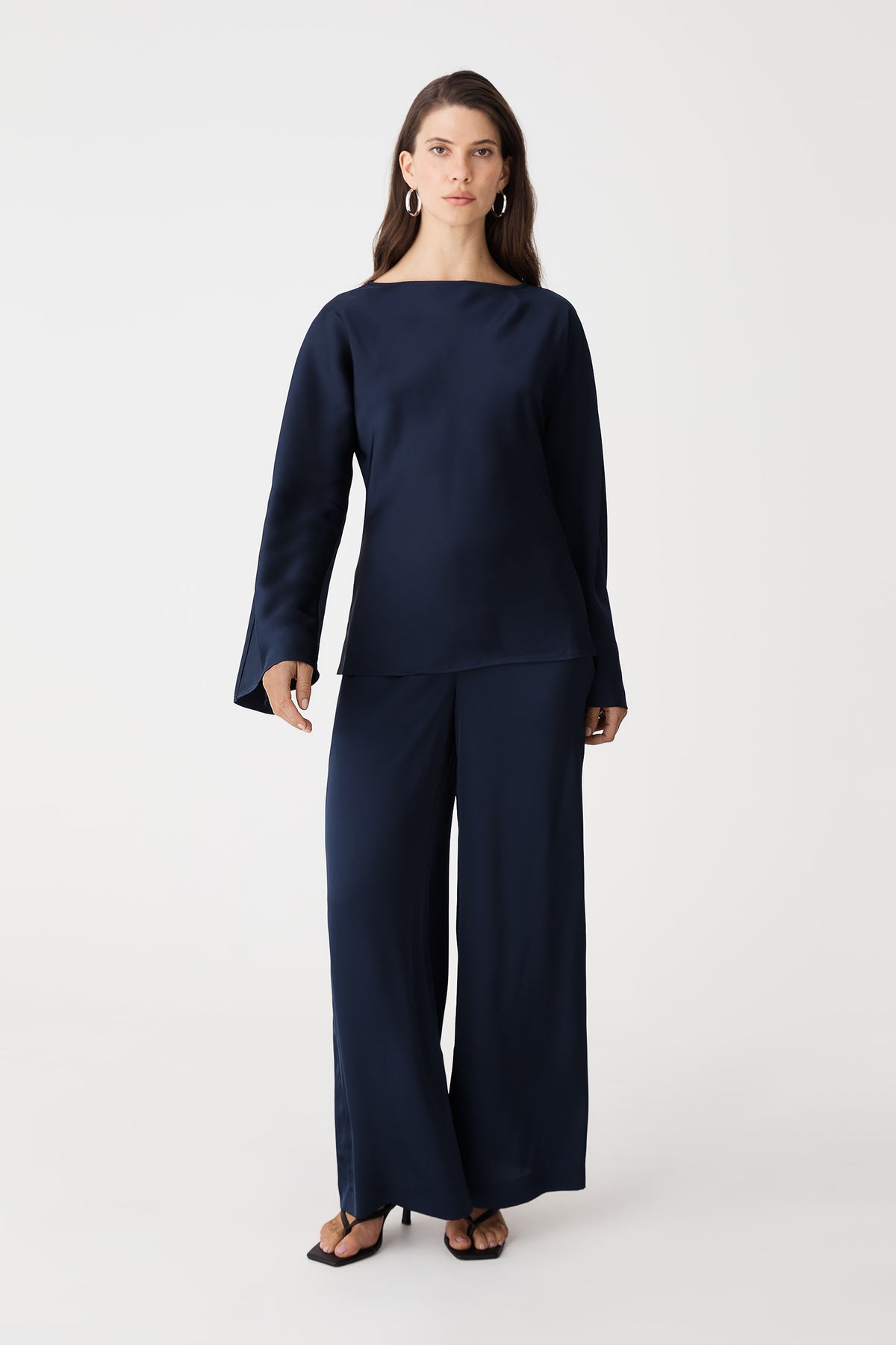 Asma Satin Bias Top in navy, front view worn with matching navy wide leg pants
