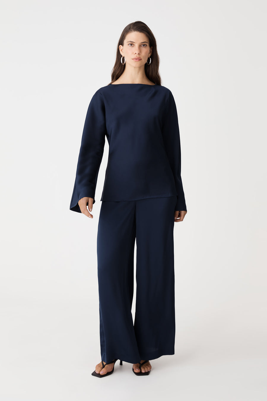 Asma Satin Bias Top in navy, front view worn with matching navy wide leg pants