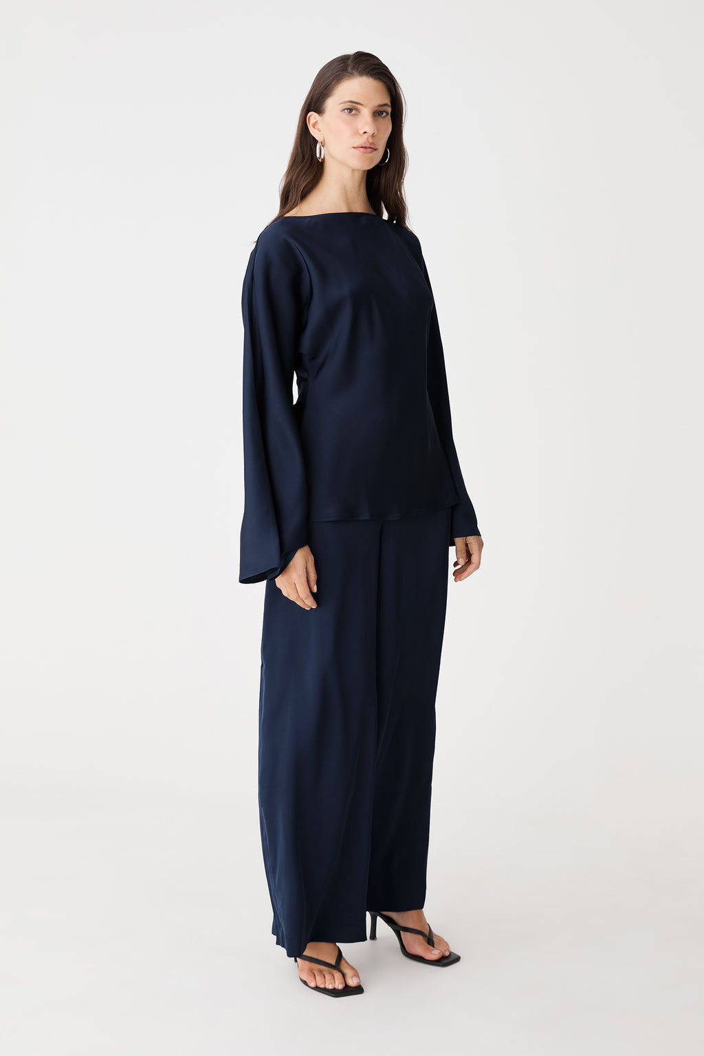 Side view of navy Asma Satin Bias Top with matching wide leg pants