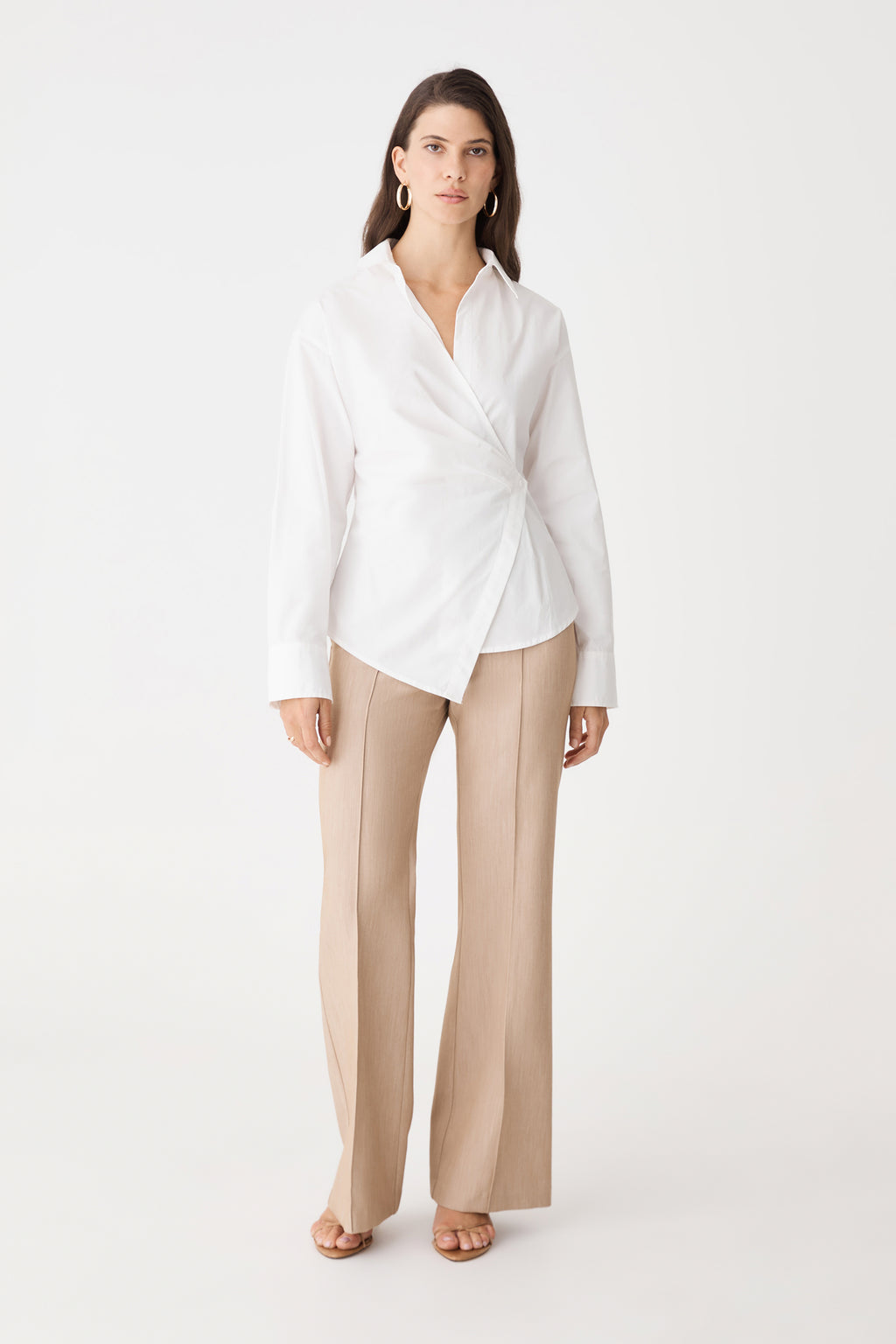 Katrina Wrap Shirt in ivory, front view worn with beige wide-leg trousers