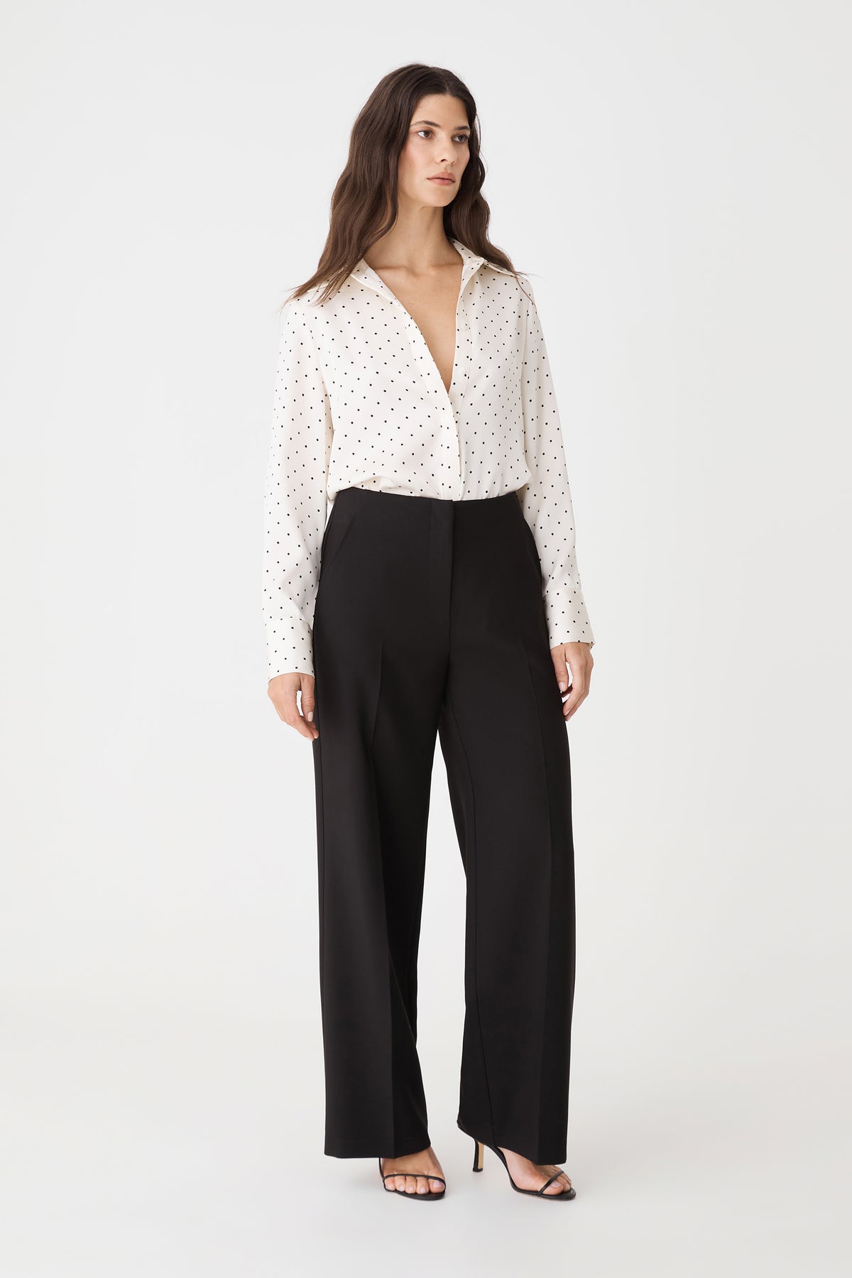 Courtney Satin Spot Shirt in Ivory & Black Dot, front view with hands at sides