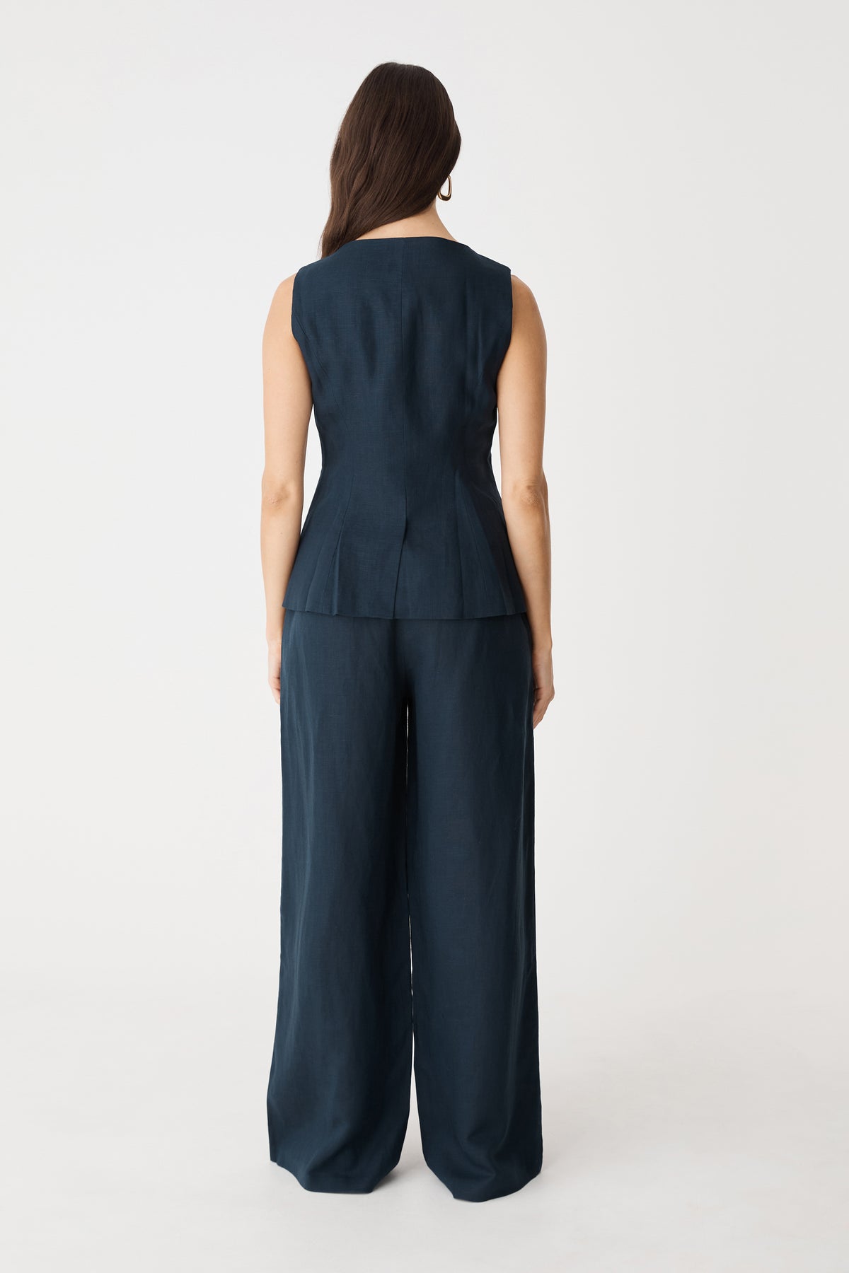 Back view of the navy Phoebe vest top and matching pants