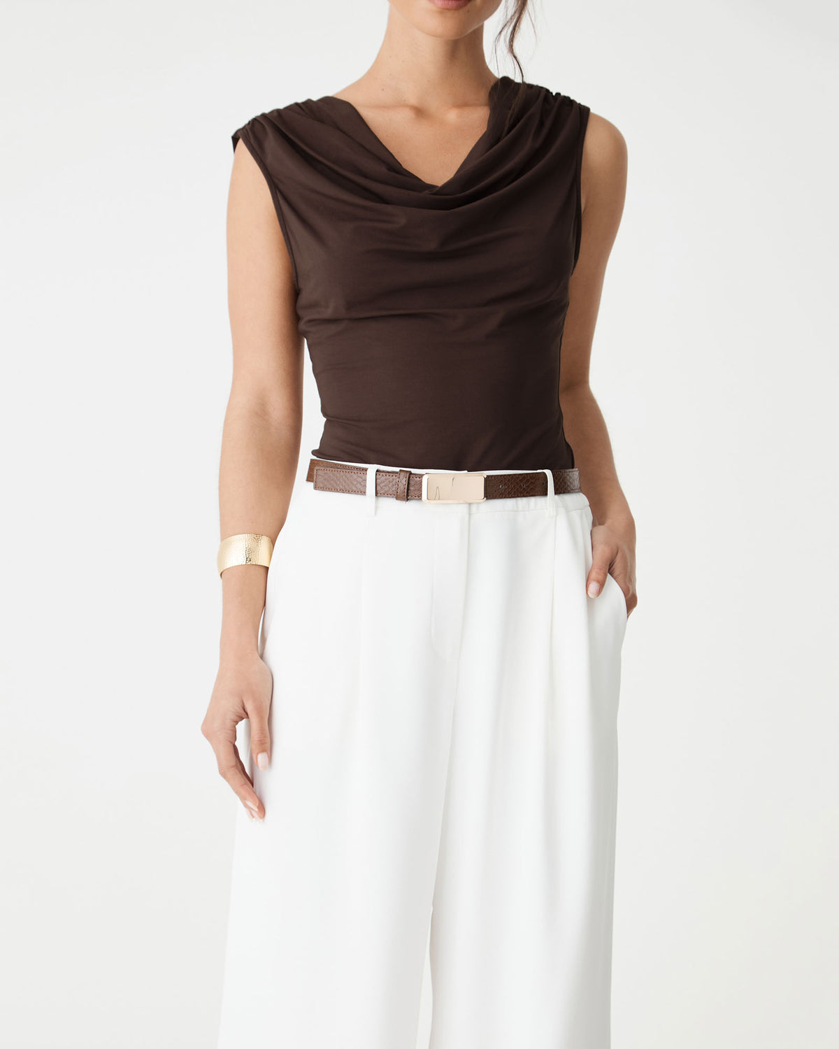 Close-up of the draped cowl neck and belted waist in Fudge