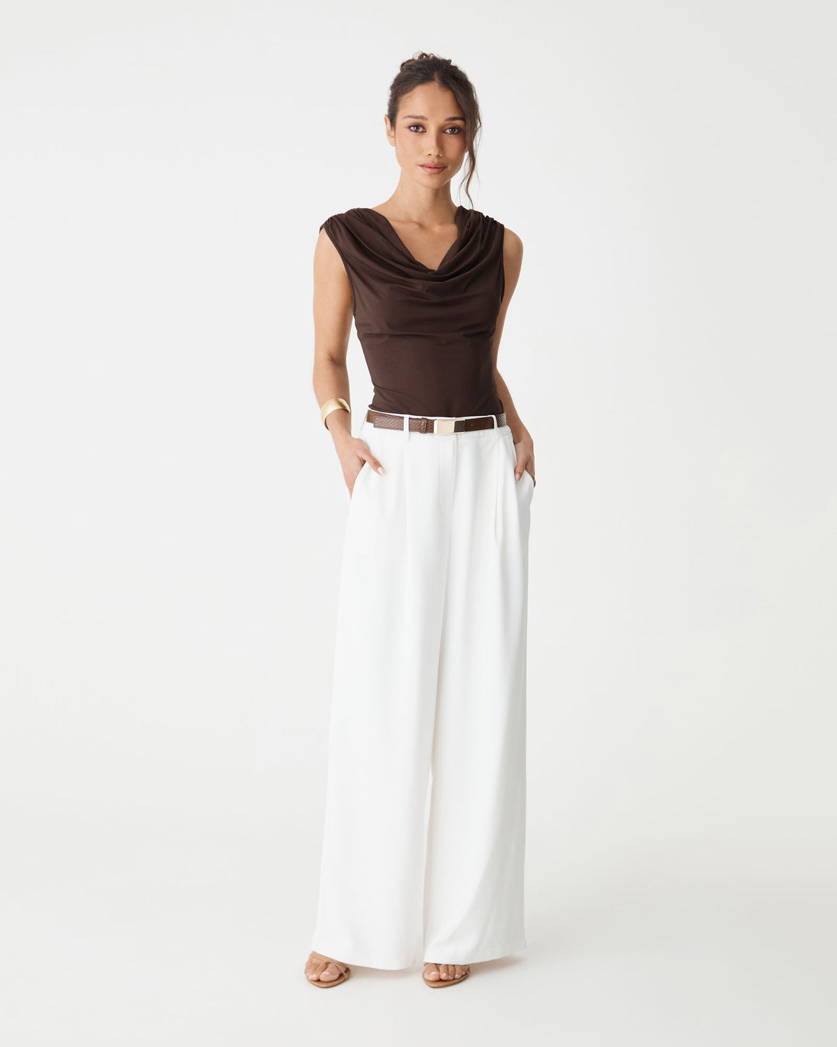 Shayna Bamboo Cowl Top in Fudge, front view with white wide-leg trousers