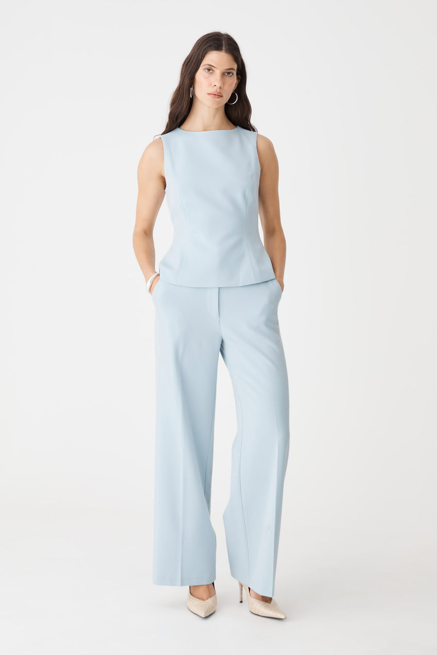 Melanie Tailored Top in sky blue, front view worn with matching straight leg pants