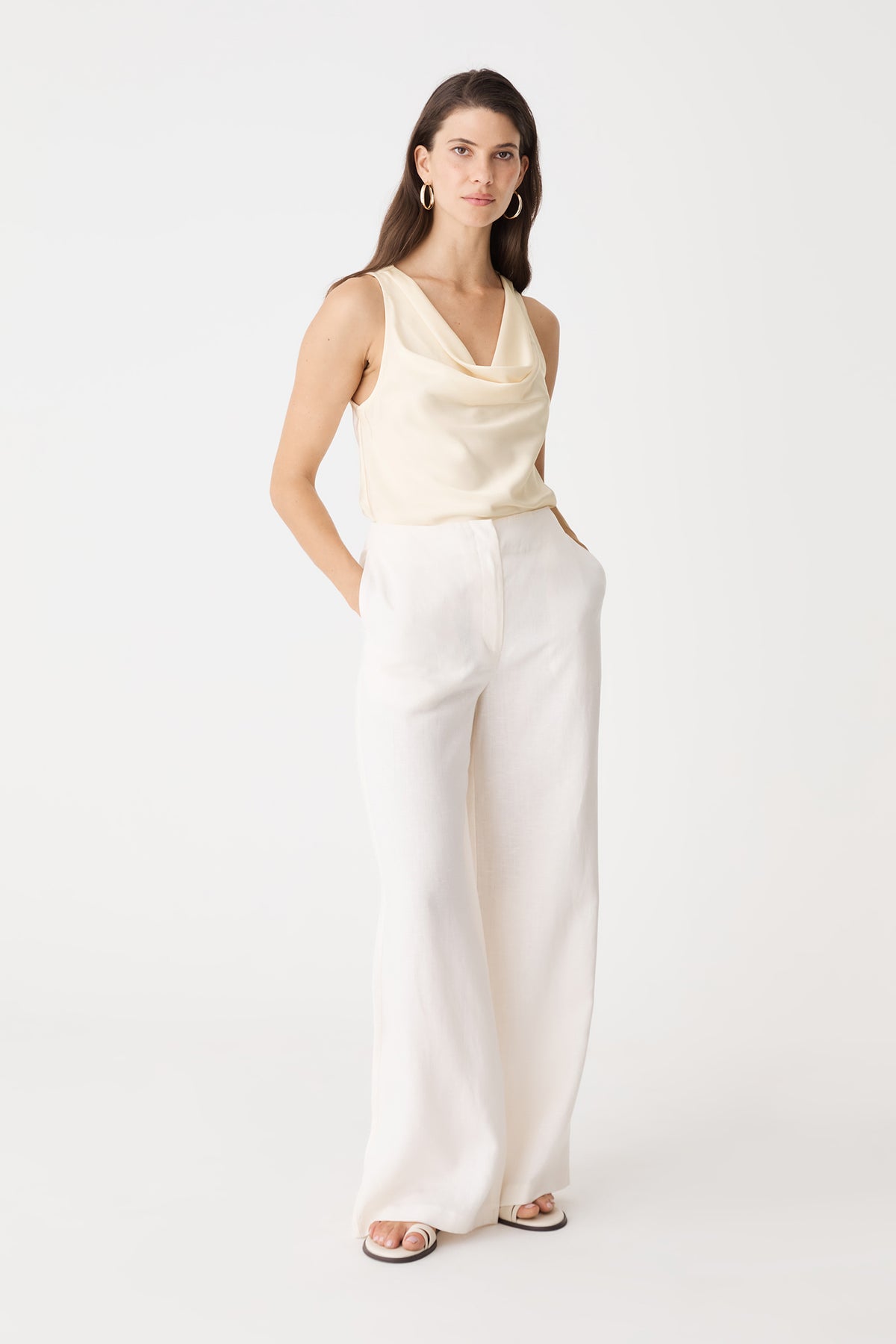 Aurelia Satin Cowl Neck Top in ivory, front view, worn with white wide-leg trousers