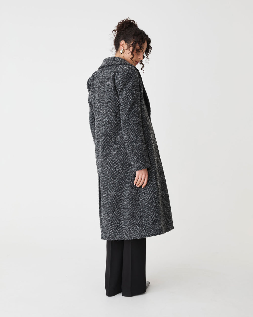 Rory Shawl Collar Coat in grey herringbone — back view