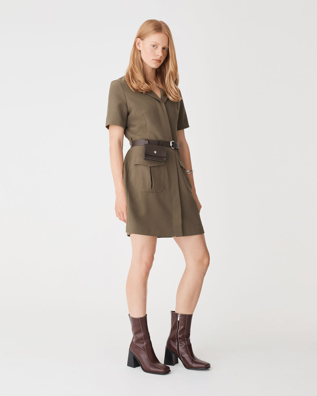 Stevie Utility Mini Dress in khaki — side view