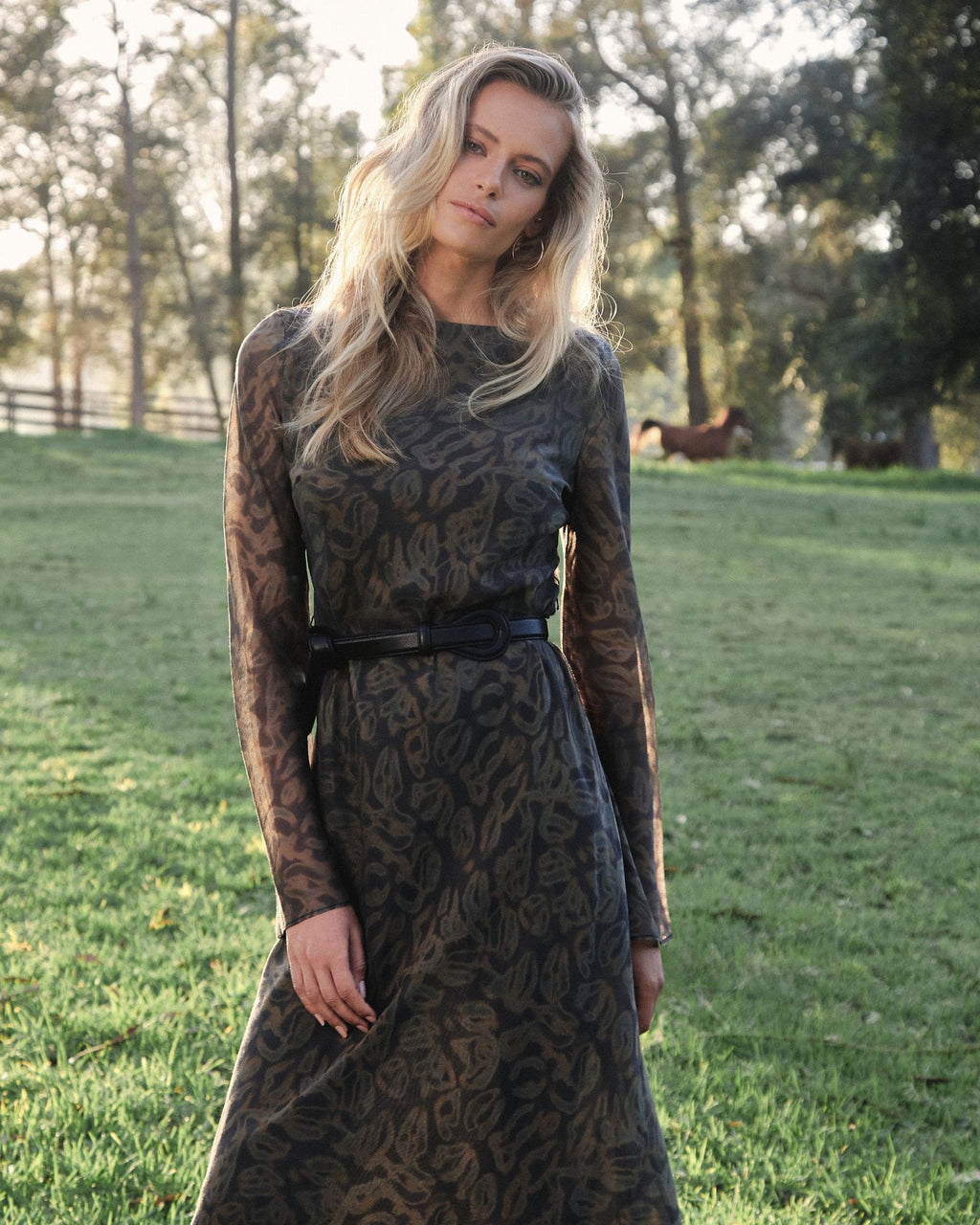 Imogen Bias Tie Waist Dress in olive abstract — alternate view