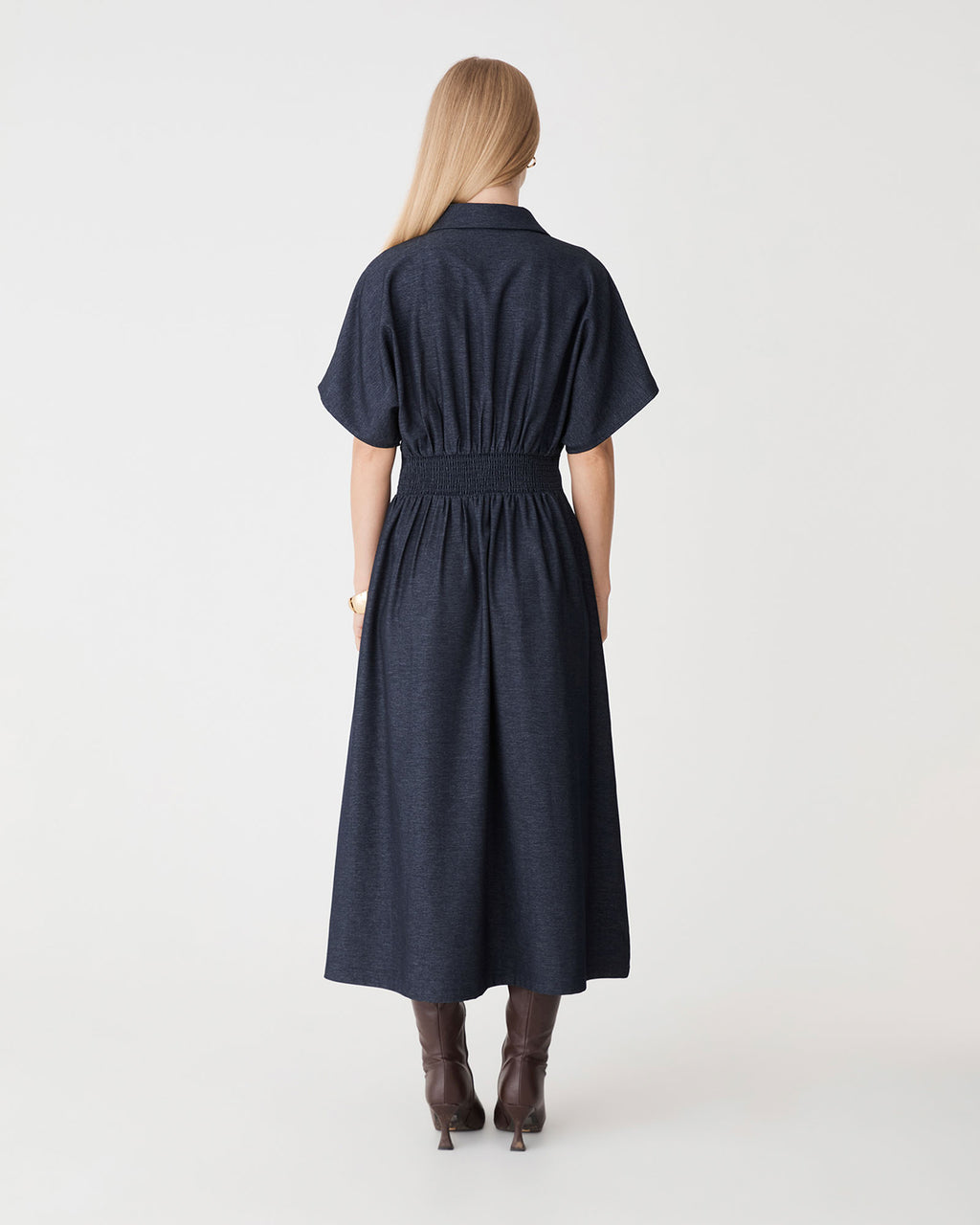 Gilda Pleat Waist Dress in indigo — back view