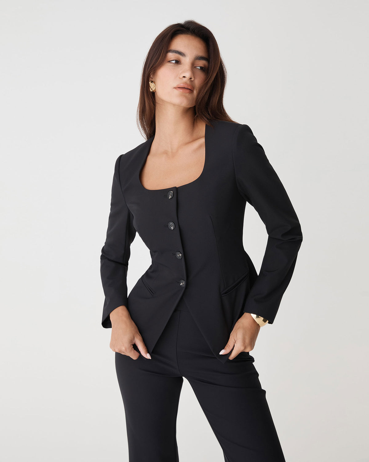 Thea Scoop Neck Blazer in black — close-up view 2