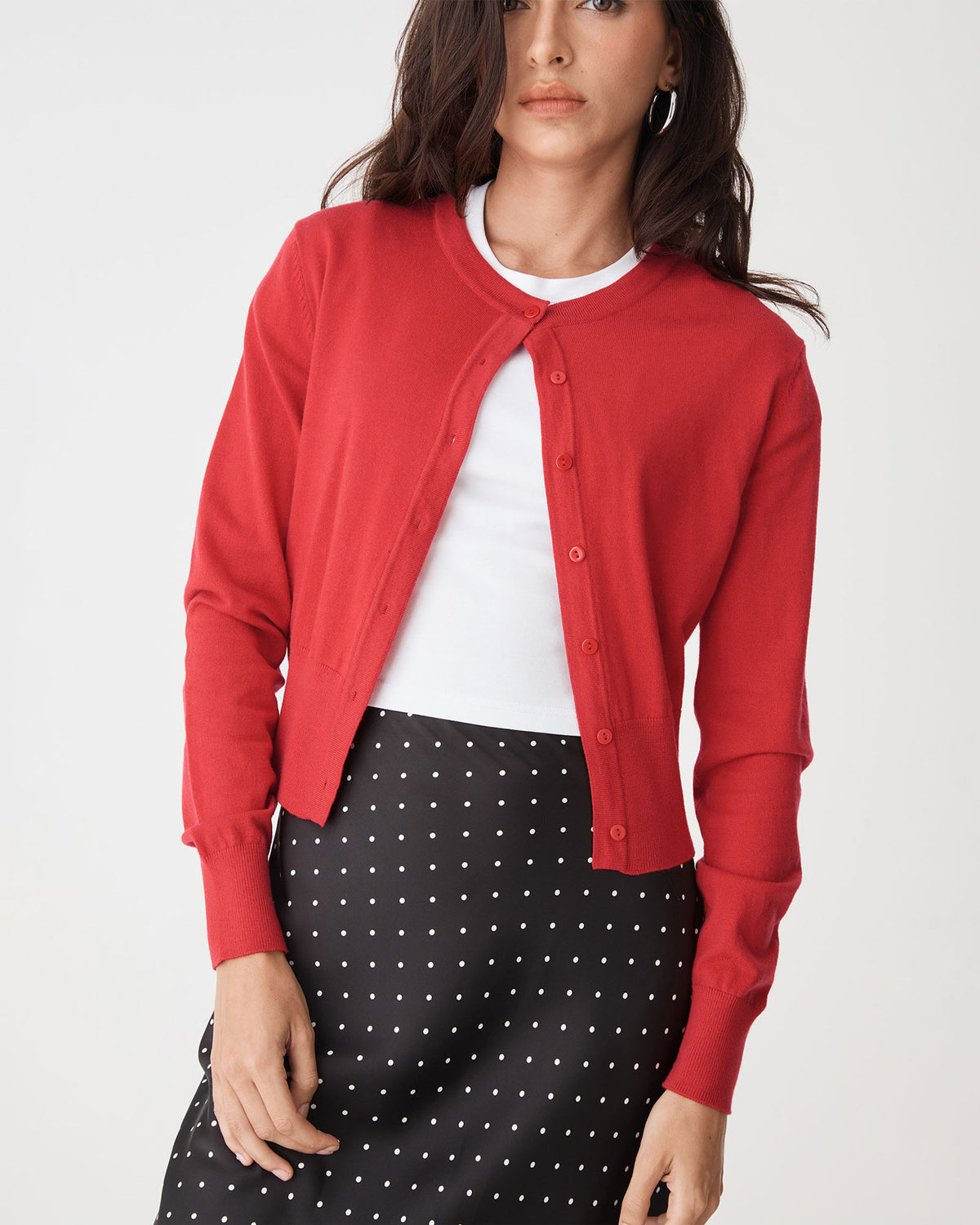 Cassie Crew Neck Cardigan in cherry — close-up view 2